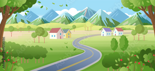 Suburb houses with road and city buildings on skyline in summer. Landscape with winding road, suburban houses and skyscrapers on the horizon.village, beautiful nature, clean air.  Vector cartoon style