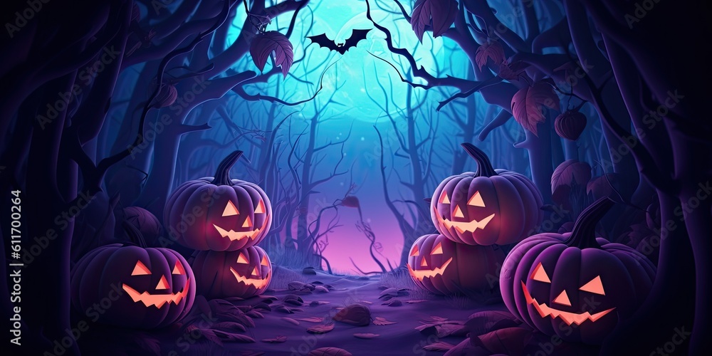 Halloween terrible forest with Jack-o'-lantern pumpkins on violet background.