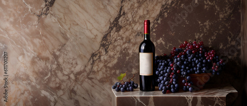 A bottle of wine and a glass with a branch of grapes on a marble tabletop, generative ai.