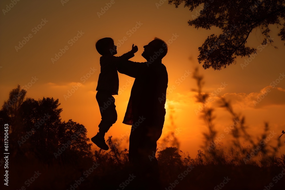 Silhouette of father and son on sunset background Silhouette of father and son on sunset background