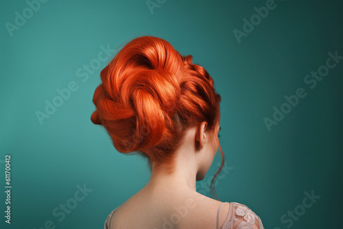 Bright orange colored hair in elegant updo hairstyle. Generative AI illustration