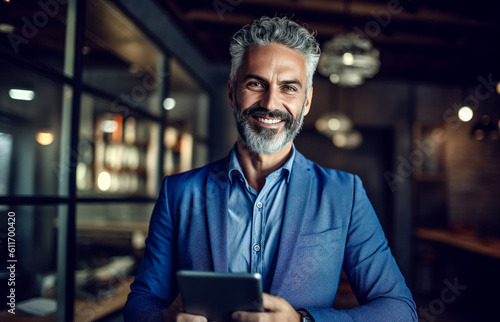 Handsome Businessman standing at the office with tablet computer. Generative AI. 