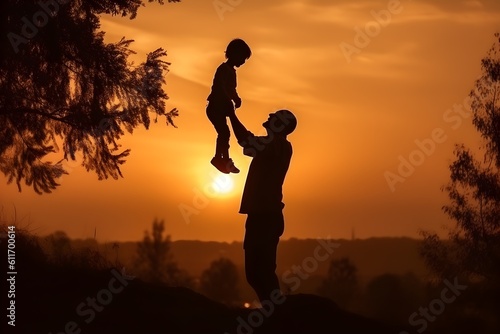 Silhouette of father and son on sunset background