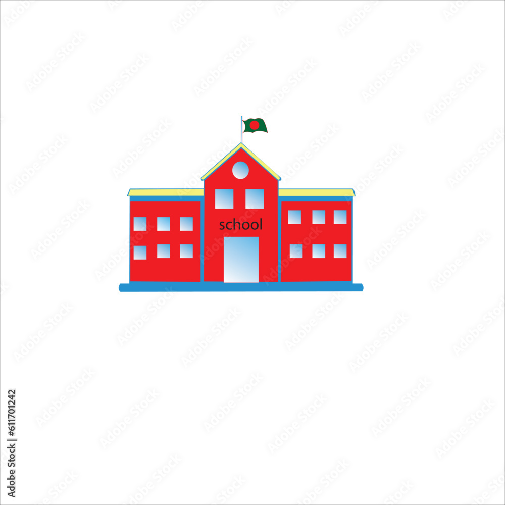 School building, front yard with students children. Flat style vector illustration isolated on white background. Back to school concept vector poster. School with building on background. City primar School building, front yard with students children. Flat style vector illustration isolated on white background. Back to school concept vector poster. School with building on background. City primar