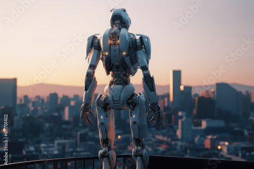 Robot on the background of the city. The concept of the future, technology. AI generative.