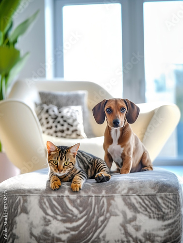Cute pets. Funny cat and dog resting at home. AI generated.