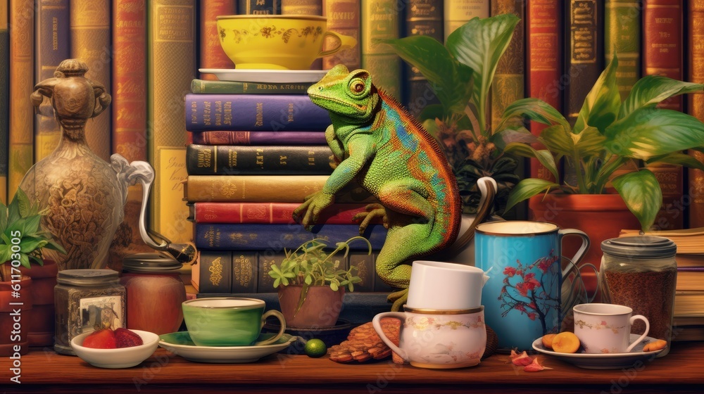 A cleverly disguised chameleon blending into a background of various household objects, such as a stack of books, a potted plant, and a coffee mug - Generative ai