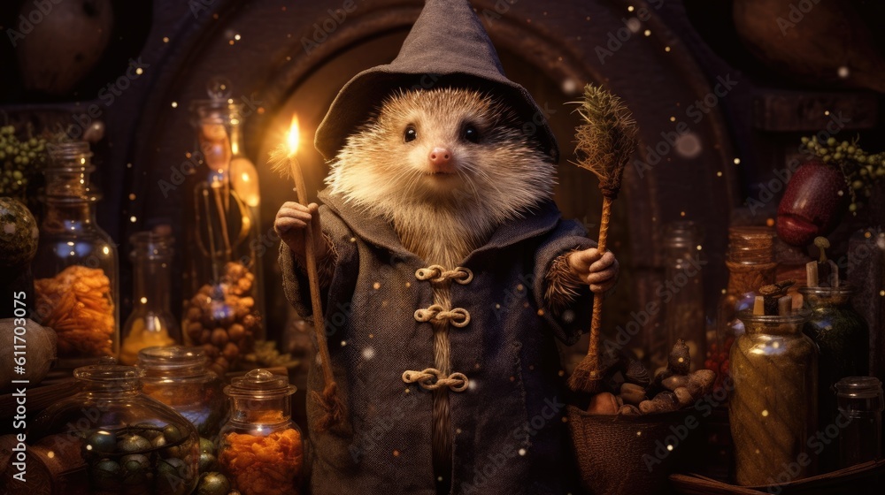 A quirky hedgehog wearing a wizard hat and holding a wand, surrounded by miniature potion bottles and casting a spell with a twinkle in its eye - Generative ai