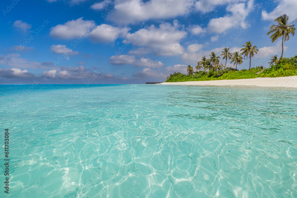 Beautiful beach, palm trees white sand sunny blue sky. Best summer vacation travel landscape. Maldives paradise beach. Luxury holiday background. Bright relax sea water, exotic resort paradise island