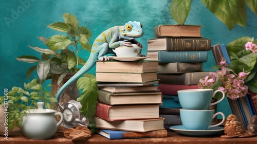 A cleverly disguised chameleon blending into a background of various household objects, such as a stack of books, a potted plant, and a coffee mug - Generative ai