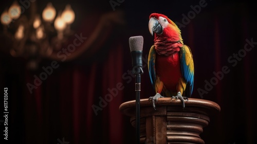 A parrot perched on a mini podium, holding a tiny microphone, seemingly engaged in a hilarious stand-up comedy routine - Generative ai photo
