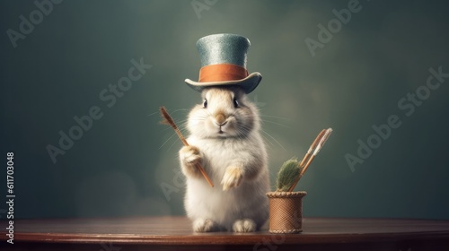 Stampa su tela A fluffy bunny wearing a top hat and holding a magician's wand, as it appears to