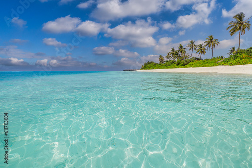 Beautiful beach  palm trees white sand sunny blue sky. Best summer vacation travel landscape. Maldives paradise beach. Luxury holiday background. Bright relax sea water  exotic resort paradise island