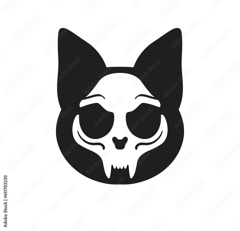 White cat Skull on dark cat head silhouette. Vector logo. Clip art. White cat Skull on dark cat head silhouette. Vector logo. Clip art.