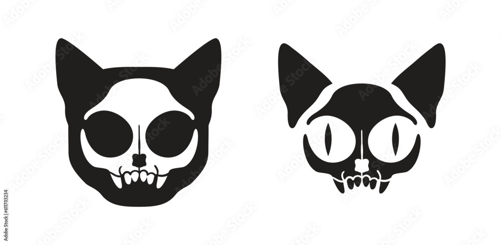 Set of cat black and white skulls isolated on a background. Vector clip art. 