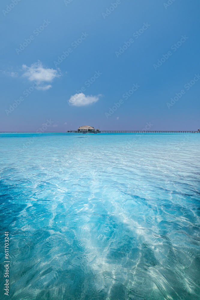 Maldives paradise water. Tropical aerial landscape, seascape and long pier jetty, water villa with amazing sea sky and lagoon beach, tropical nature. Exotic tourism destination banner summer vacation