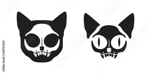 Set of cat black and white skulls isolated on a background. Vector clip art. 
