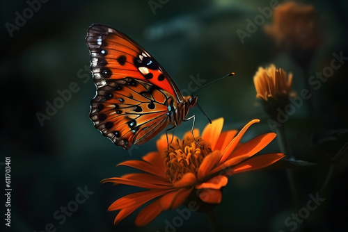 a butterfly on an orange flower with blurry background - generative ai