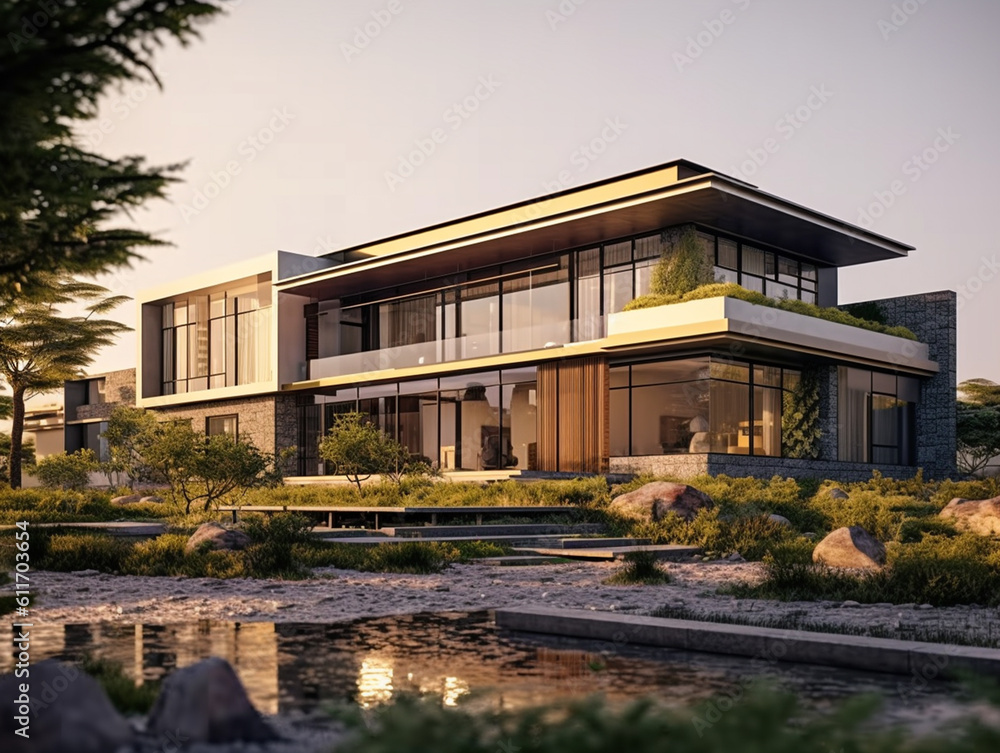 Fototapeta premium The view of the exterior facade of a modern and luxurious 2-story house decorated with a beautiful landscape around it. Has a large and wide glass window for natural lighting of the interior space. 