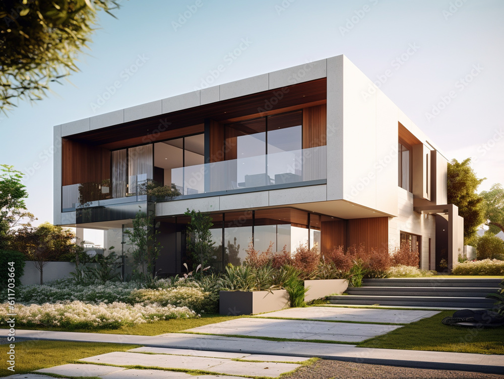 The view of the exterior facade of a modern and luxurious 2-story house decorated with a beautiful landscape around it. Has a large and wide glass window for natural lighting of the interior space.
