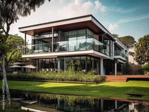 The view of the exterior facade of a modern and luxurious 2-story house decorated with a beautiful landscape around it. Has a large and wide glass window for natural lighting of the interior space.  © Aisyaqilumar