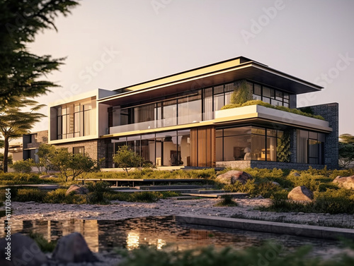 The view of the exterior facade of a modern and luxurious 2-story house decorated with a beautiful landscape around it. Has a large and wide glass window for natural lighting of the interior space. 