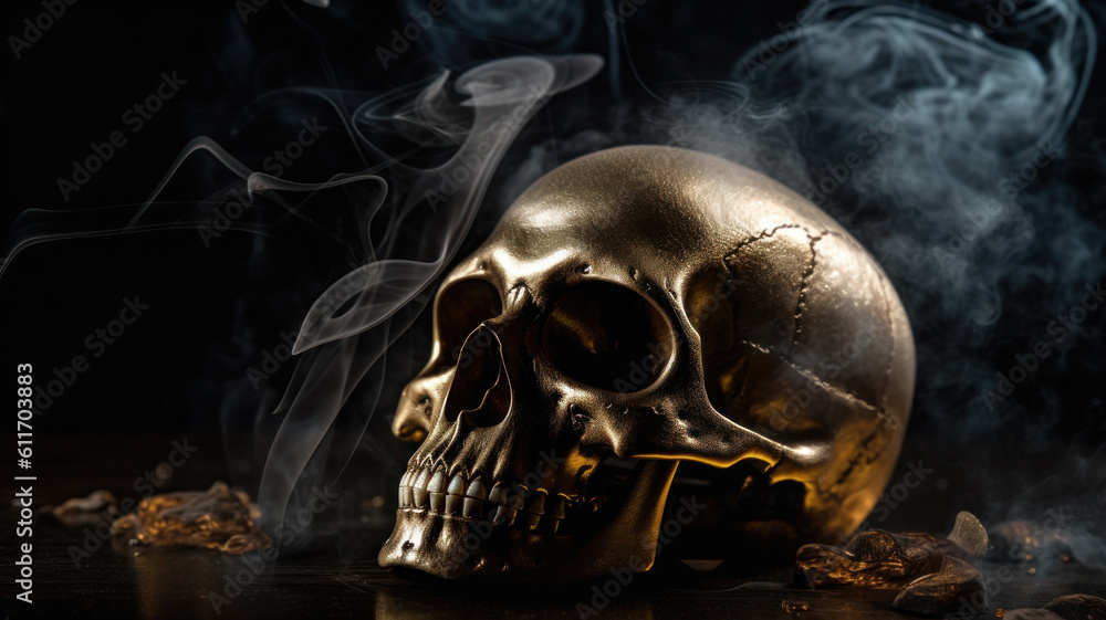 Golden skull with smoke on a black background. Halloween decor with copy space. Photorealistic illustration generative AI.