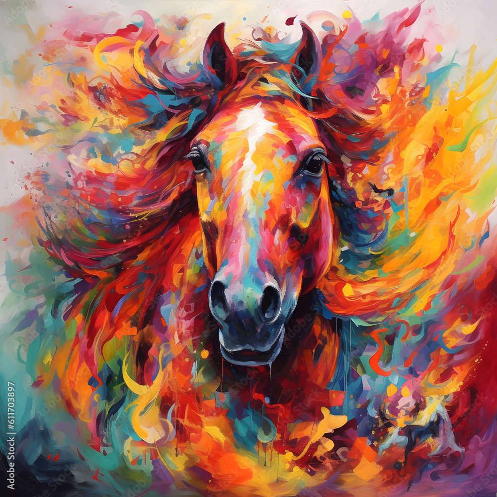 very colourfull painted horse looking like burning. portrait of a horse