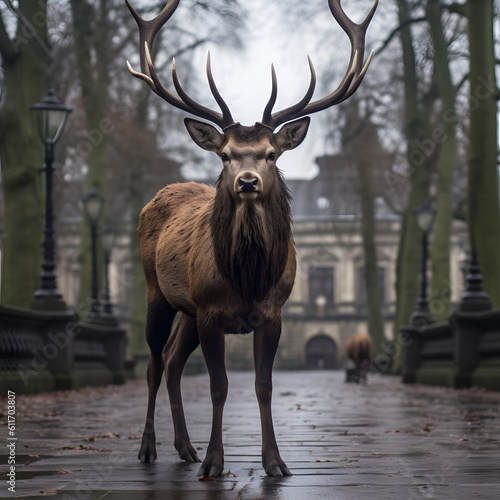 deer standing in the middle of a city on a bridge. blurred background. Generative AI.