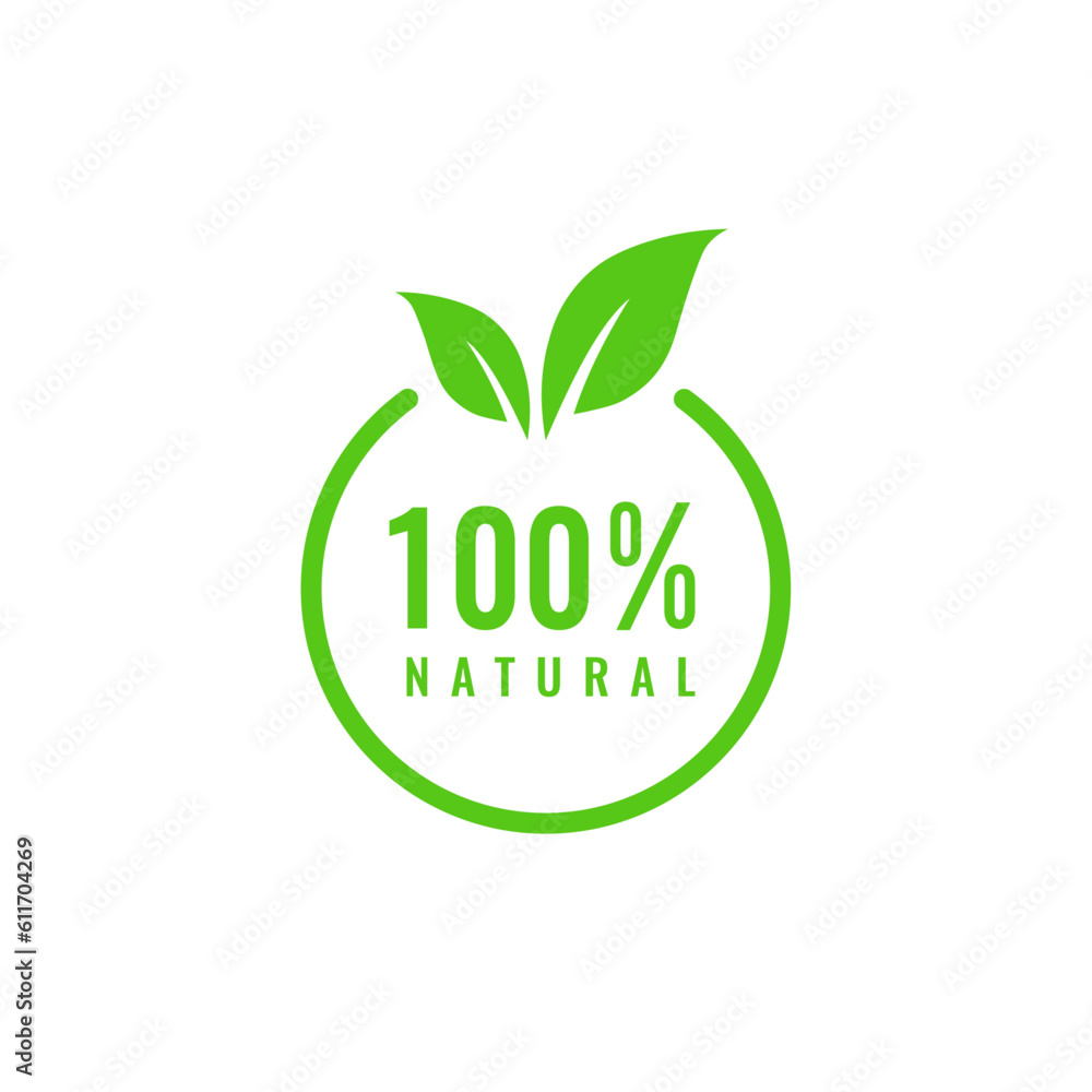 100% natural vector logo design. Natural leaf icon. Natural organic stamp food badge. 100% natural vector logo design. Natural leaf icon. Natural organic stamp food badge.
