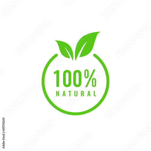 100% natural vector logo design. Natural leaf icon. Natural organic stamp food badge.