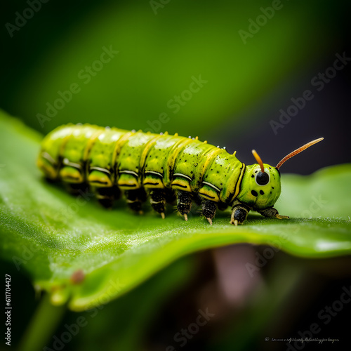 Caterpillar on a leaf. Close up shot of a caterpillar. generative AI © Luca