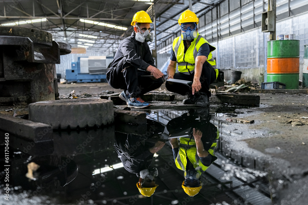 Two officers wearing gas masks, holding tablet and book, inspect the chemical spill site in an industrial warehouse to assess the damage, wearing gas masks, inspecting and evaluating toxicity of leak. Two officers wearing gas masks, holding tablet and book, inspect the chemical spill site in an industrial warehouse to assess the damage, wearing gas masks, inspecting and evaluating toxicity of leak.