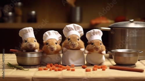 A trio of cute guinea pigs wearing chef hats, collaborating in a mini kitchen as they 'cook' tiny meals with miniature pots and pans - Generative ai © Filip