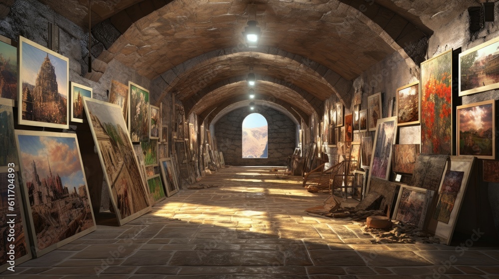 Artistic underground bunker with art gallery and studio. Generative AI.