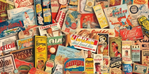 Montage of vintage advertisements magazines and posters with bright and bold colors, concept of retro style and nostalgic memories, concept of Retro Revival, created with Generative AI technology