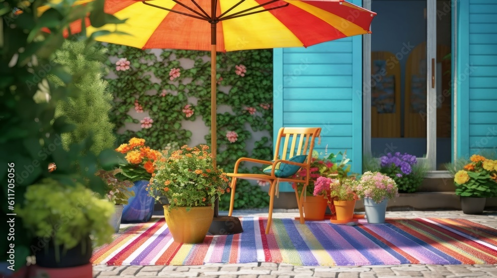 Fototapeta premium Bright and Colorful Patio with Striped Umbrella and Flower Pots. Generative AI.