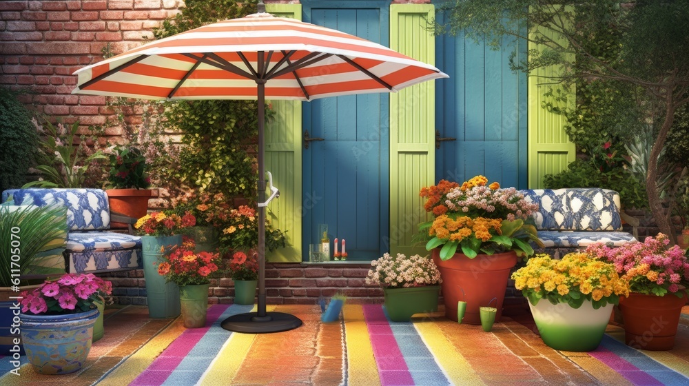 Bright and Colorful Patio with Striped Umbrella and Flower Pots. Generative AI.