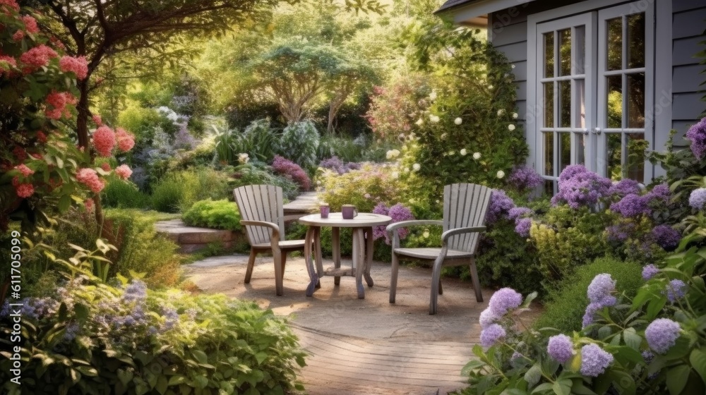 Charming Cottage Style Patio with Wicker Furniture and Climbing Plants. Generative AI.