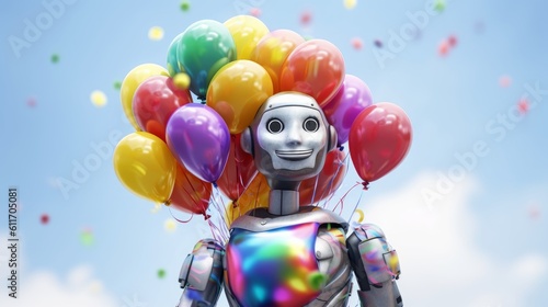 Celebratory Gay Robot Holding LGBTQ+ Pride Balloons. Generative AI.