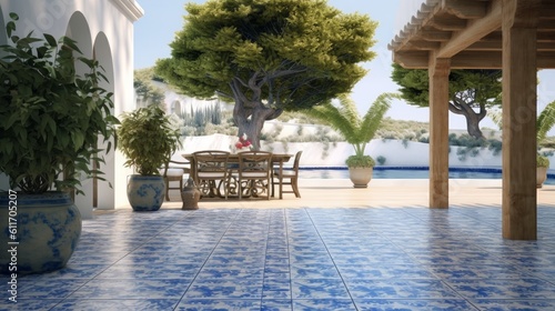 Coastal Mediterranean Style Patio with Blue and White Tiles and Olive Trees. Generative AI.