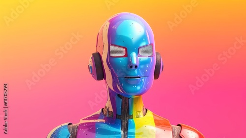 Colorful Gay Robot with Rainbow Flag. Generative AI.