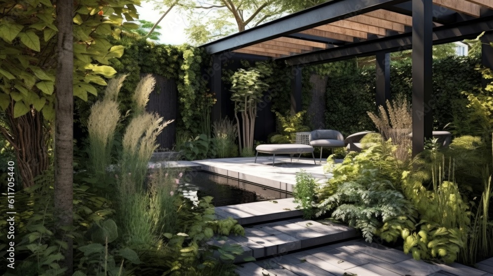 Contemporary Industrial Style Patio with Steel Pergola and Concrete Planters. Generative AI.