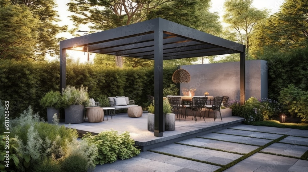 Contemporary Industrial Style Patio with Steel Pergola and Concrete Planters. Generative AI. Contemporary Industrial Style Patio with Steel Pergola and Concrete Planters. Generative AI.