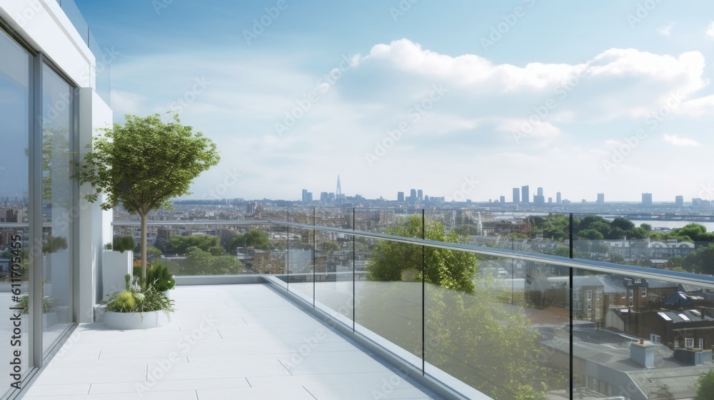 Contemporary Minimalist Style Patio with Glass Railings and City View. Generative AI. Contemporary Minimalist Style Patio with Glass Railings and City View. Generative AI.