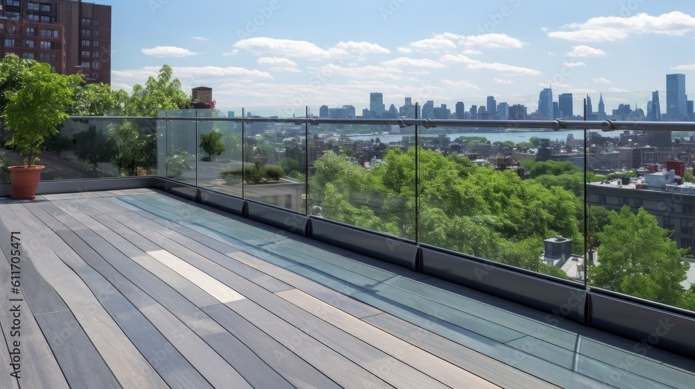 Contemporary Minimalist Style Patio with Glass Railings and City View. Generative AI.