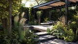 Contemporary Industrial Style Patio with Steel Pergola and Concrete Planters. Generative AI.