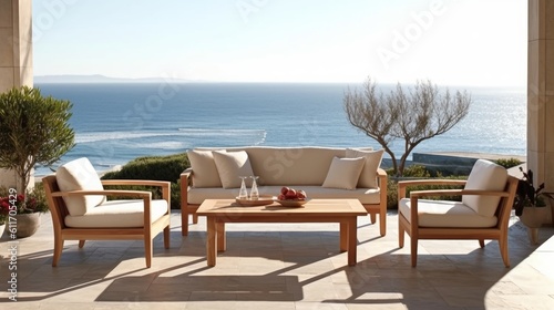 Contemporary Coastal Patio with Teak Furniture and Ocean View. Generative AI. © bomoge.pl
