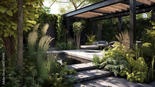 Contemporary Industrial Style Patio with Steel Pergola and Concrete Planters. Generative AI. © bomoge.pl
