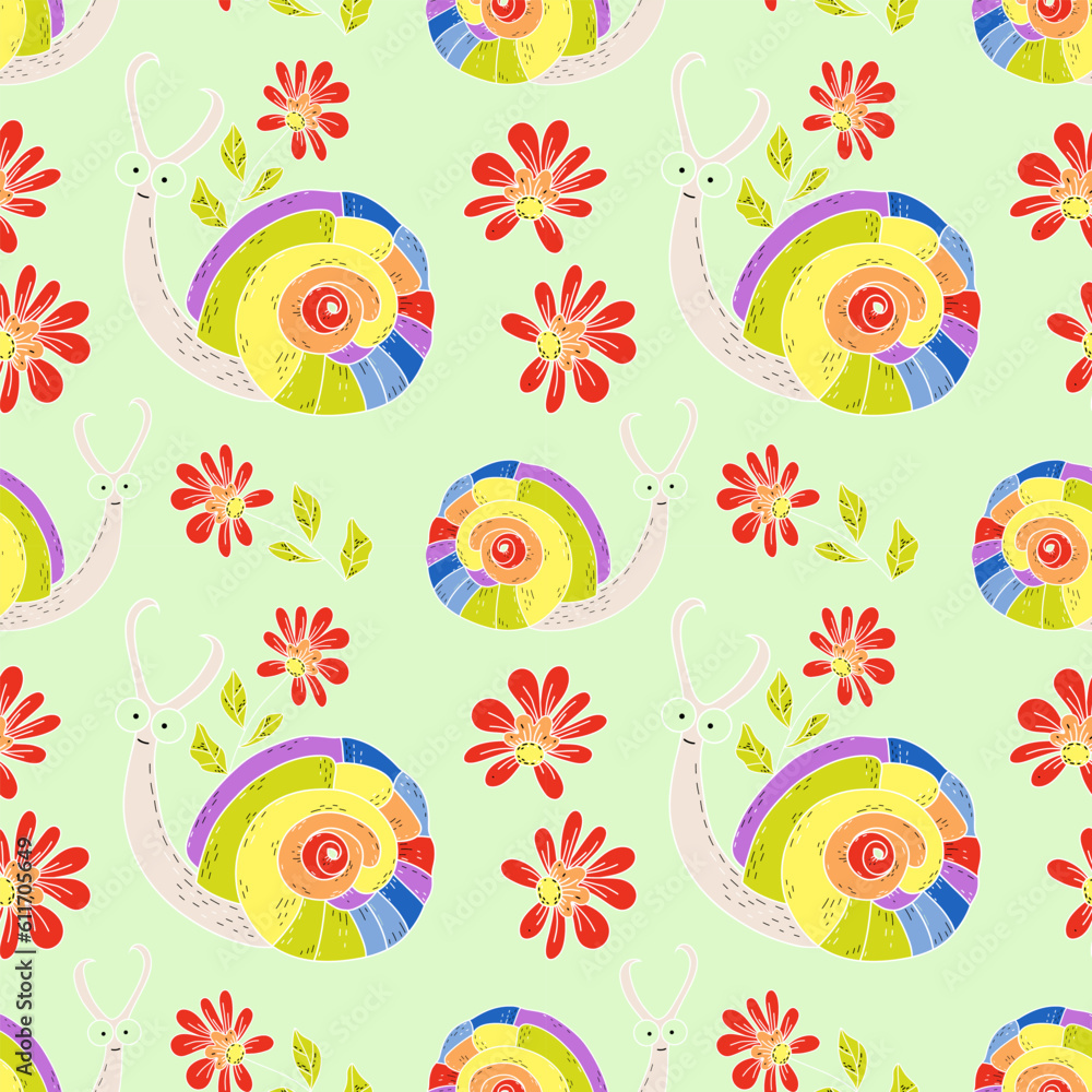 Cute Rainbow Snail with red flowers seamless pattern on a green background. Vector illustration. Design for decor, textile,  fabric, cards, banners, icons, wrapping paper.